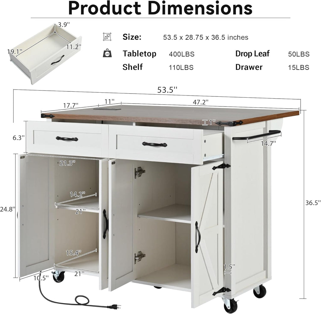 White Kitchen Island with Power Outlet and Drop Leaf X636