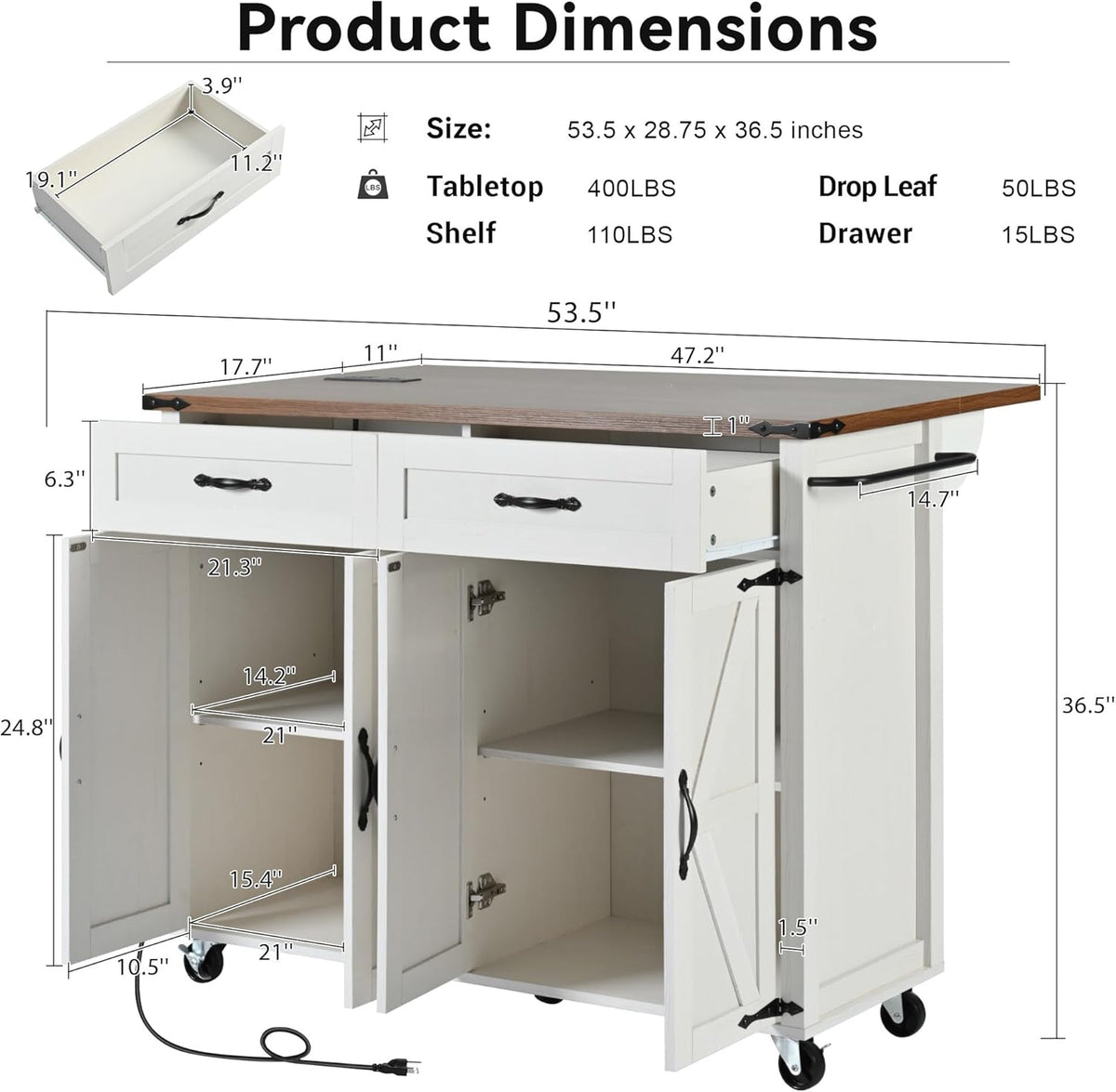 White Kitchen Island with Power Outlet and Drop Leaf X636