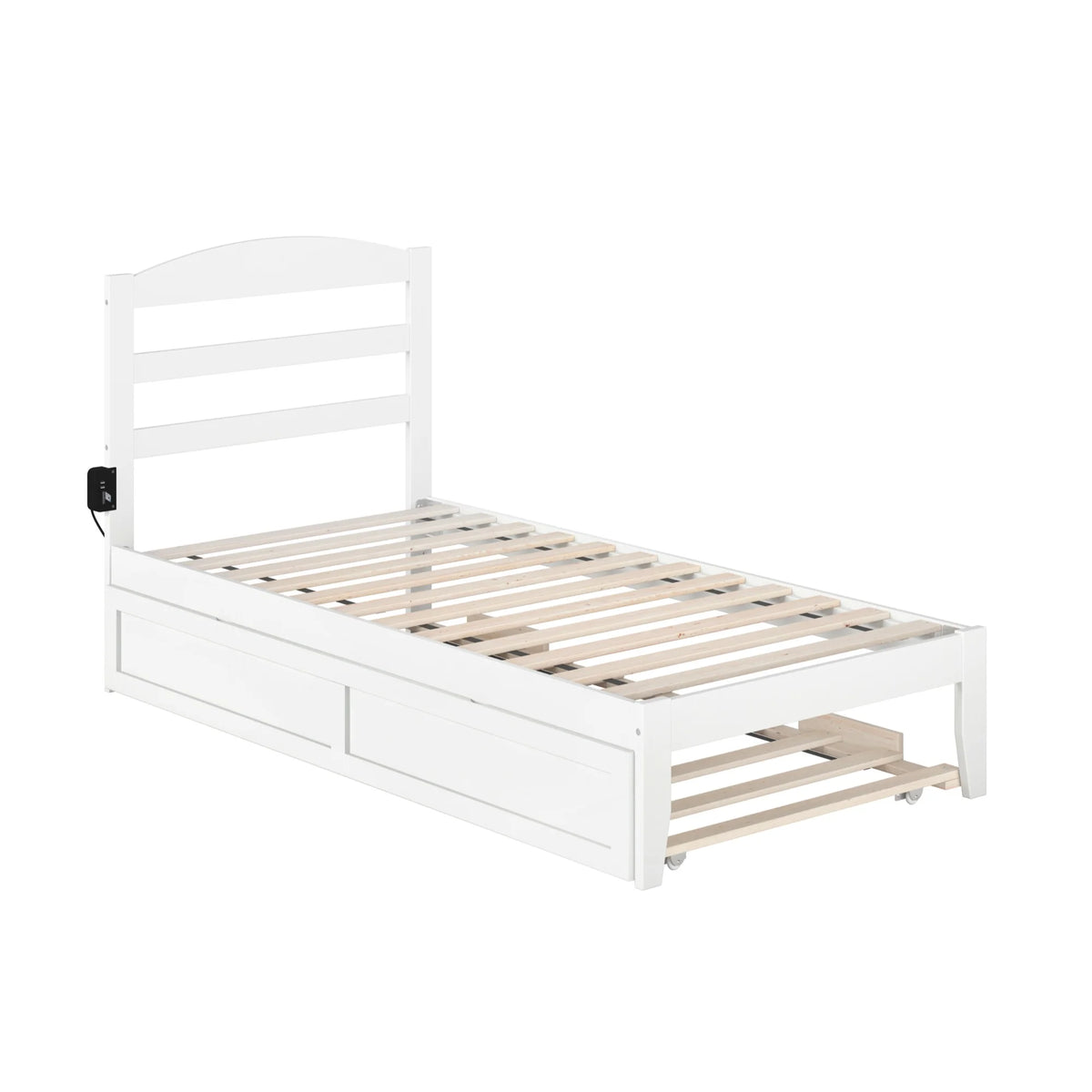 White Solid Wood Twin Bed with Trundle and USB Charger U6024