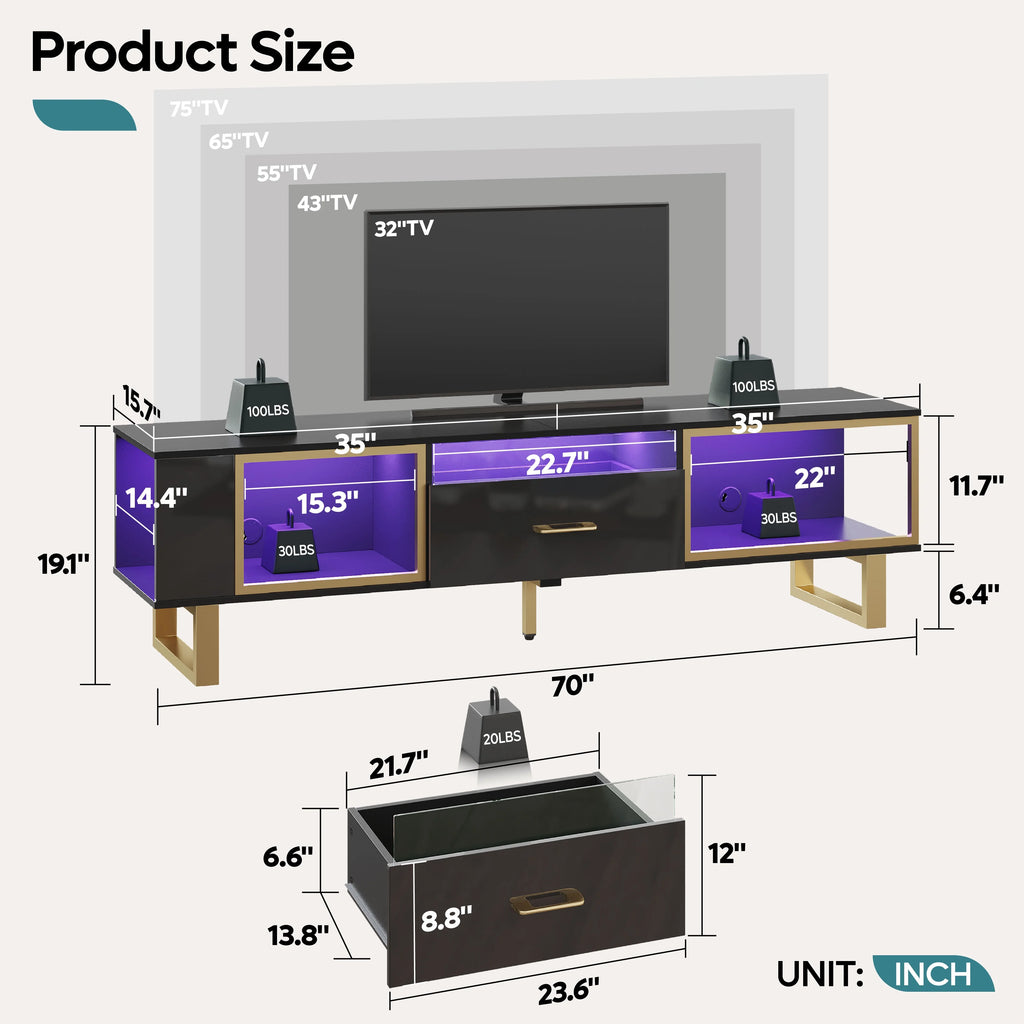 Black & Gold High Gloss TV Stand with Drawer Y73764