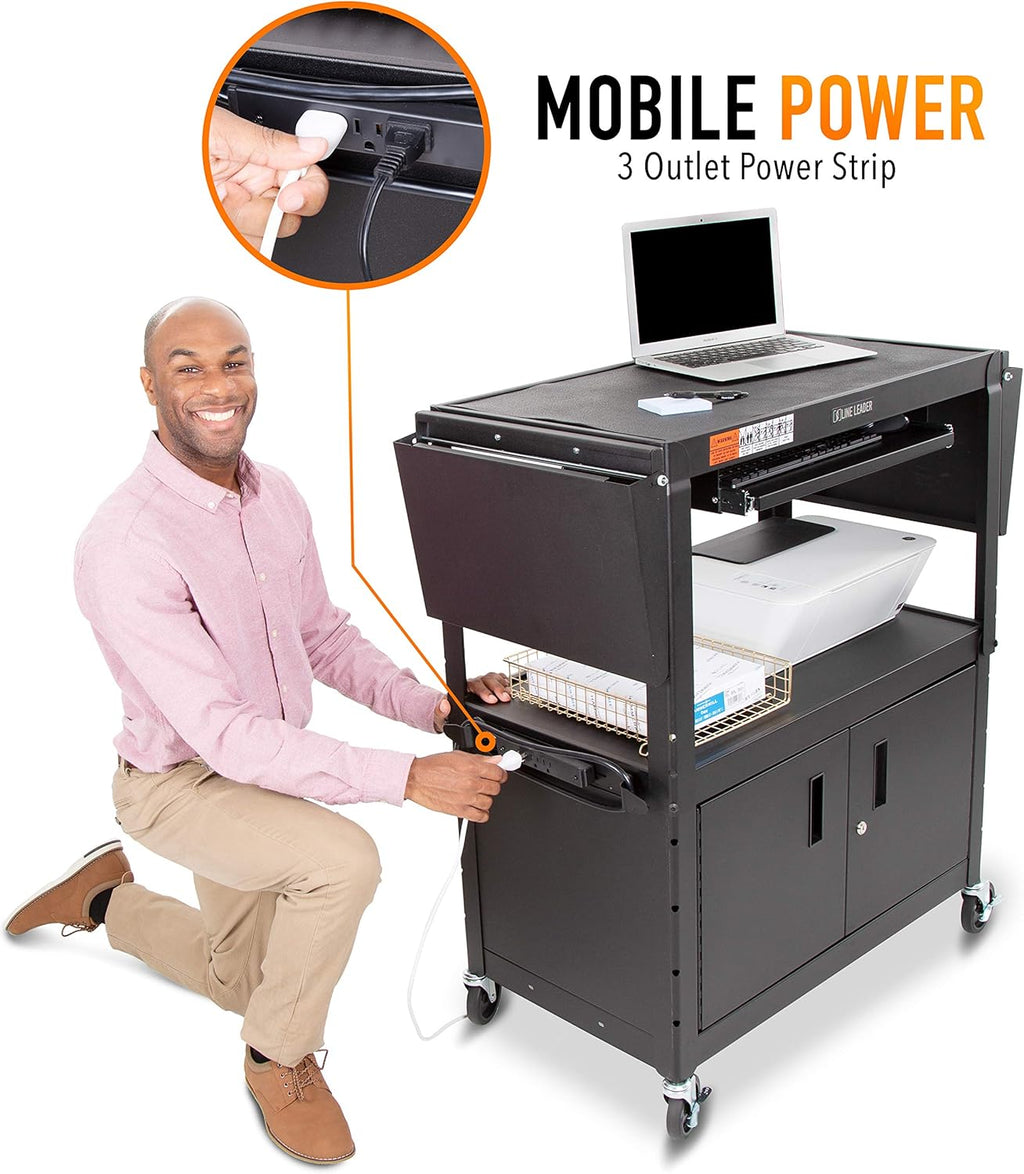Large AV Cart with Locking Cabinet & Drop Leaves, Height Adjustable Utility Cart, Includes Pullout Keyboard Tray & Cord Management (54in x 18in x 42in / Black) S6921