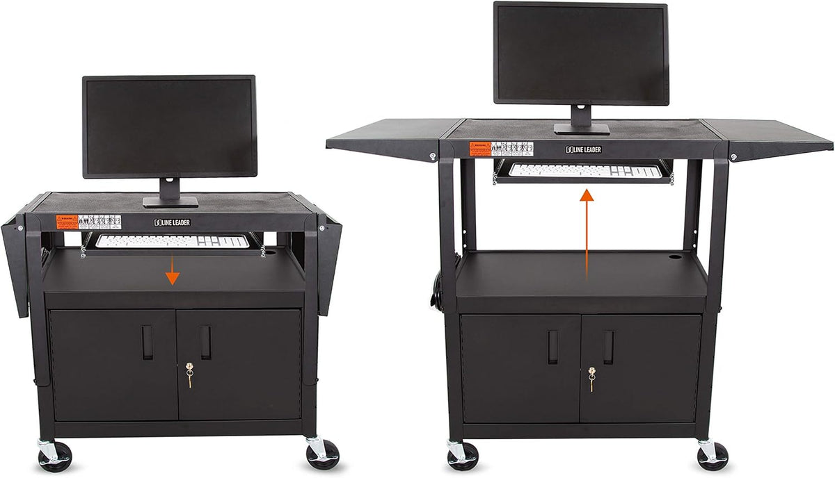 Large AV Cart with Locking Cabinet & Drop Leaves, Height Adjustable Utility Cart, Includes Pullout Keyboard Tray & Cord Management (54in x 18in x 42in / Black) S6921