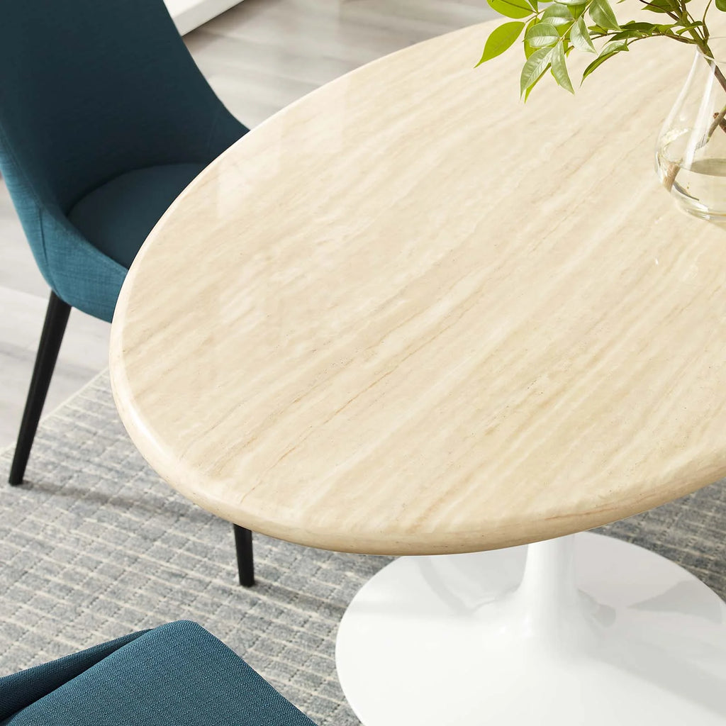 White Oval Artificial Travertine Dining Table Z665967