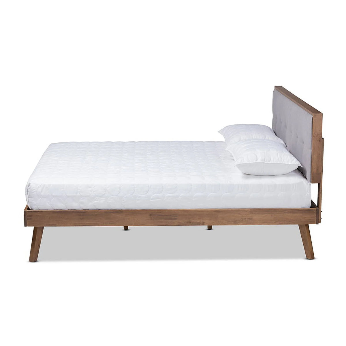 Light Grey Fabric Upholstered Walnut Brown Wood Queen Size Platform Bed Q293