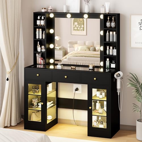 White Glass Top Vanity Desk with Mirror and Lights and 3 Drawers K745840