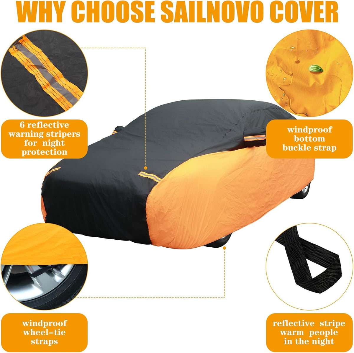 Black Orange Waterproof Full Car Cover for Sedan Length 194-208'' Height 59'' Q7088