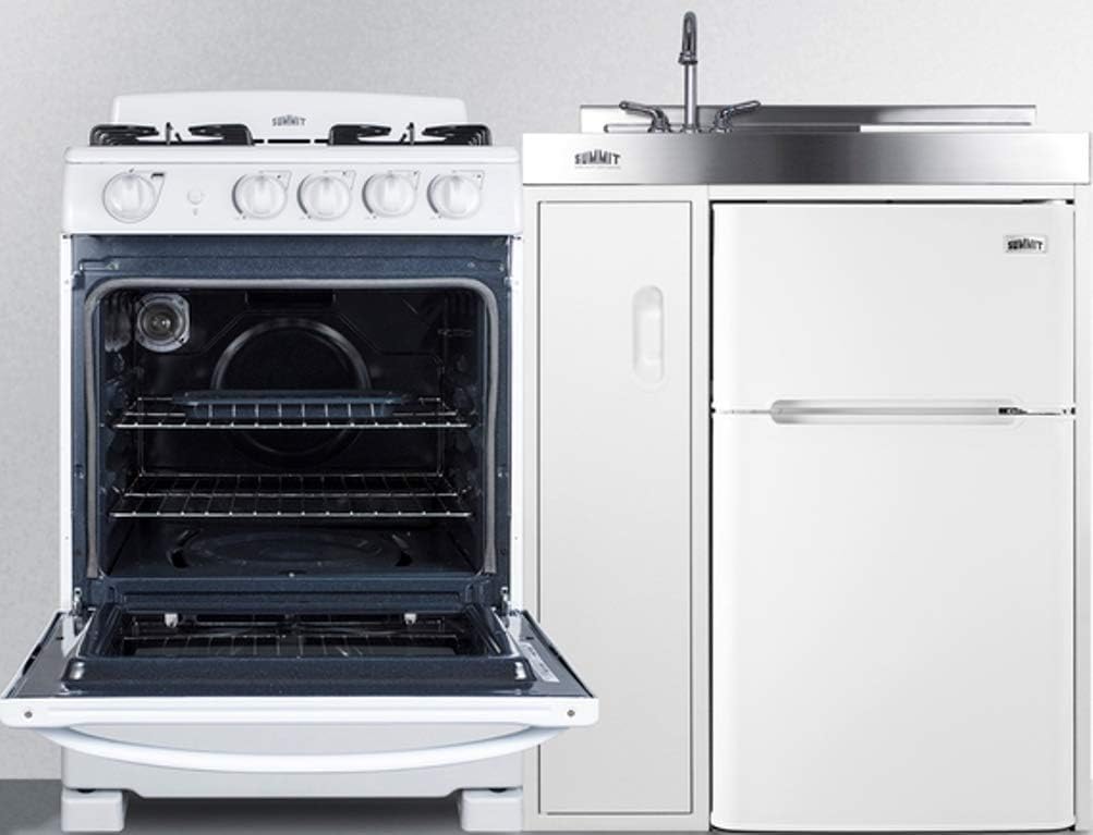 54" Wide All-in-One Kitchenette with 4-Burner Gas Range, Refrigerator-Freezer, Sink, Cutting Board and Storage Cabinet W88799