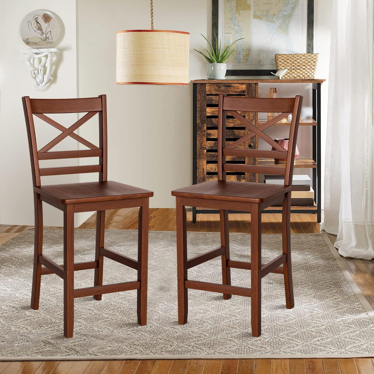 Set of 2 25'' Counter Height Bar Stools with Wooden Backrest R5913