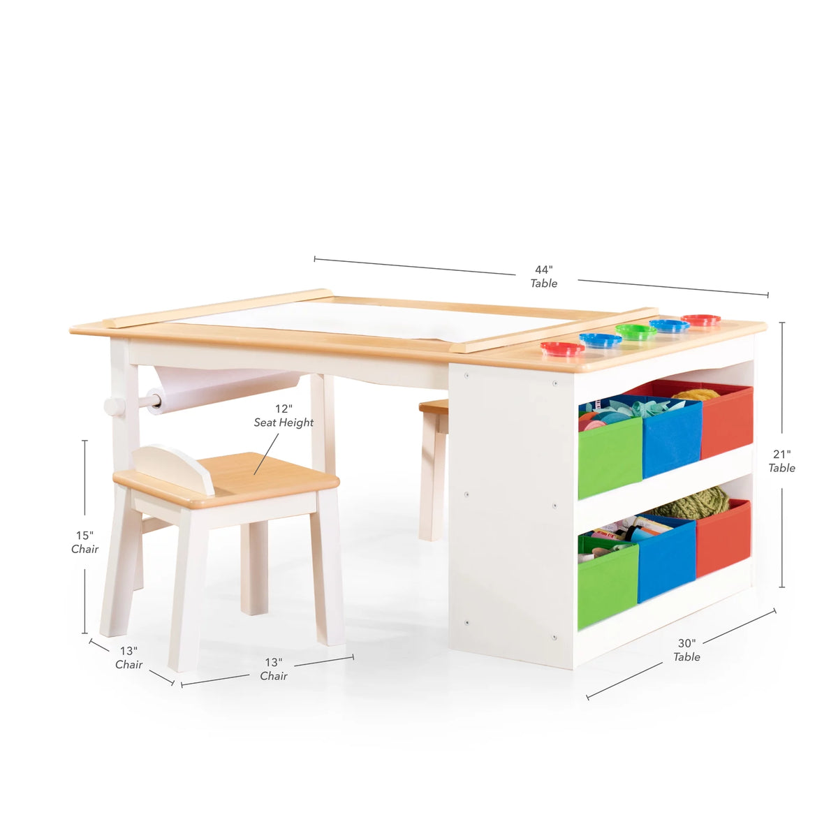 Kids Activity Table and Drawing Desk with Stools, Storage Canvas Bins, Paper Roller, and Paint Cups N8979