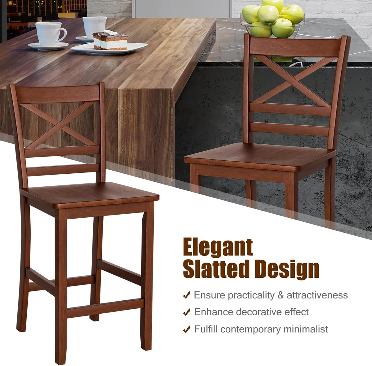 Set of 2 25'' Counter Height Bar Stools with Wooden Backrest R5913