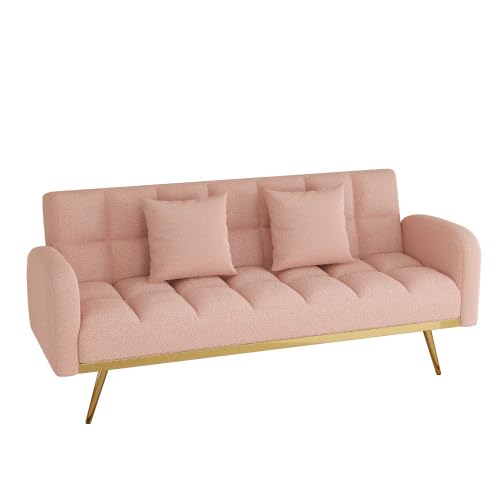 Green Convertible Futon Sofa with 2 Cupholders Adjustable Backrest O4698