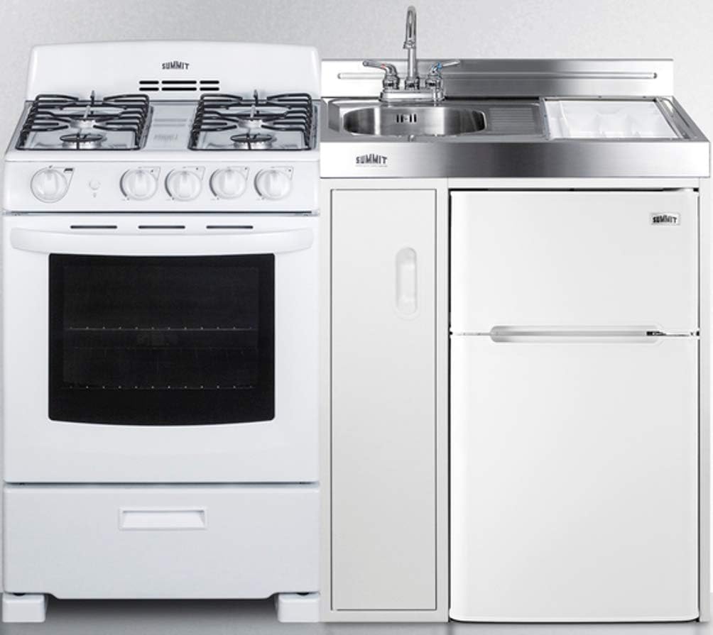54" Wide All-in-One Kitchenette with 4-Burner Gas Range, Refrigerator-Freezer, Sink, Cutting Board and Storage Cabinet W88799