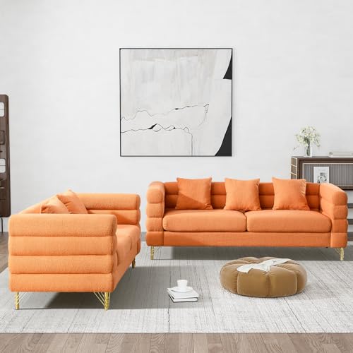 Dark Green Boucle Sherpa Deep Seat Sofa and Loveseat Set with 5 Pillows Q1305