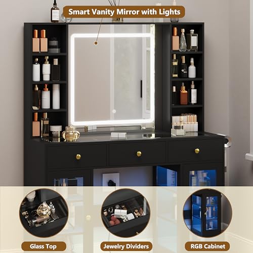 White Glass Top Vanity Desk with Mirror and Lights and 3 Drawers K745840