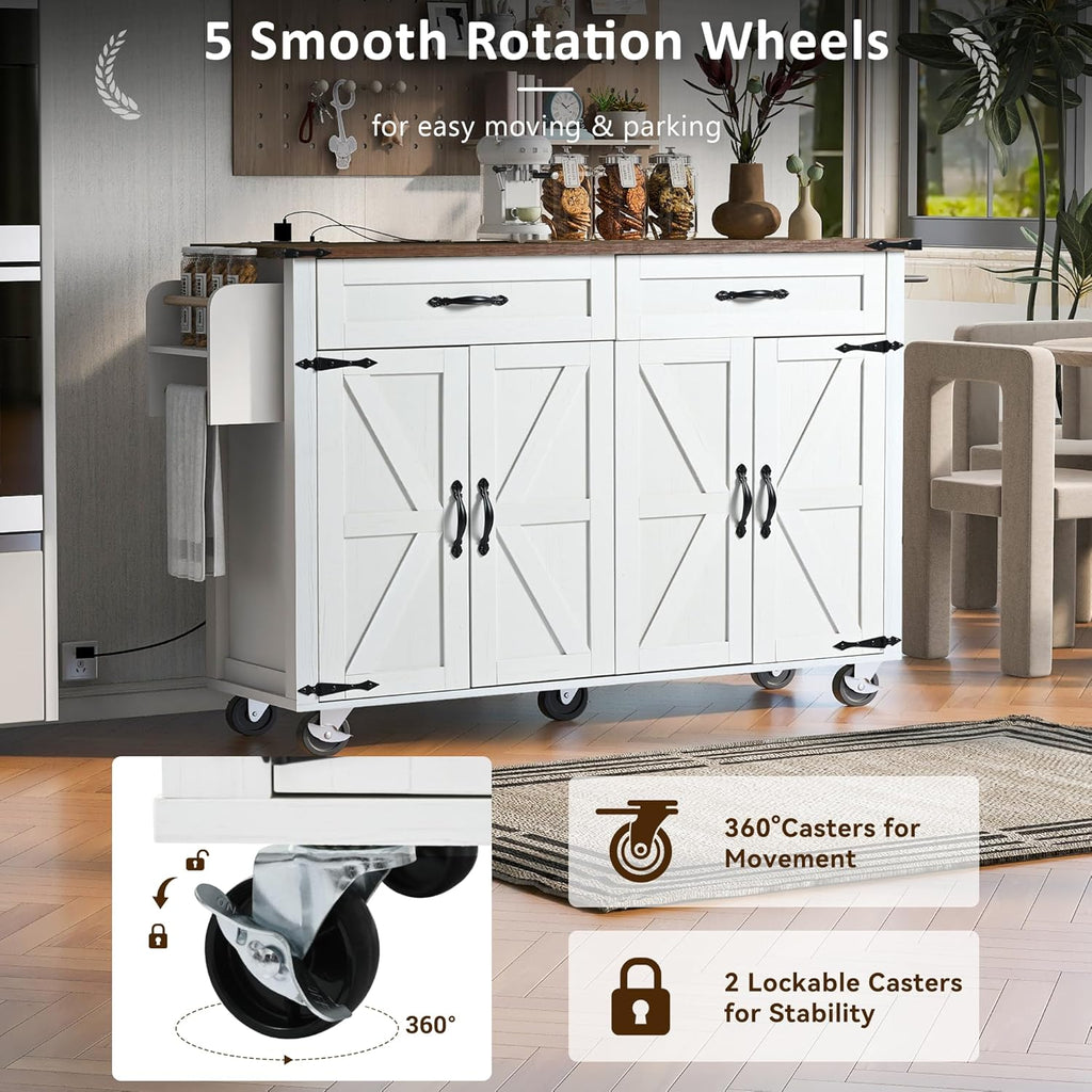 White Kitchen Island with Power Outlet and Drop Leaf X636