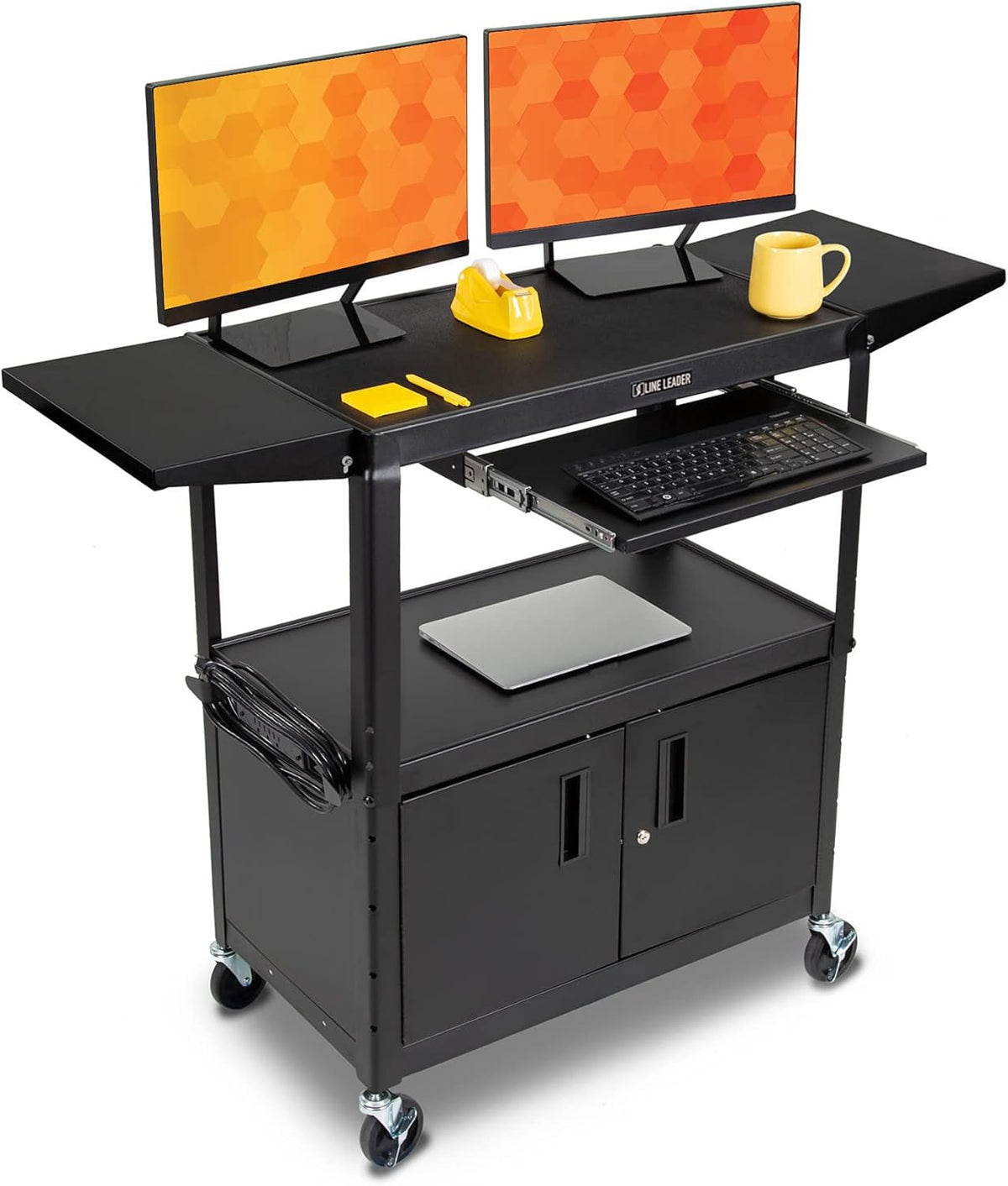 Large AV Cart with Locking Cabinet & Drop Leaves, Height Adjustable Utility Cart, Includes Pullout Keyboard Tray & Cord Management (54in x 18in x 42in / Black) S6921