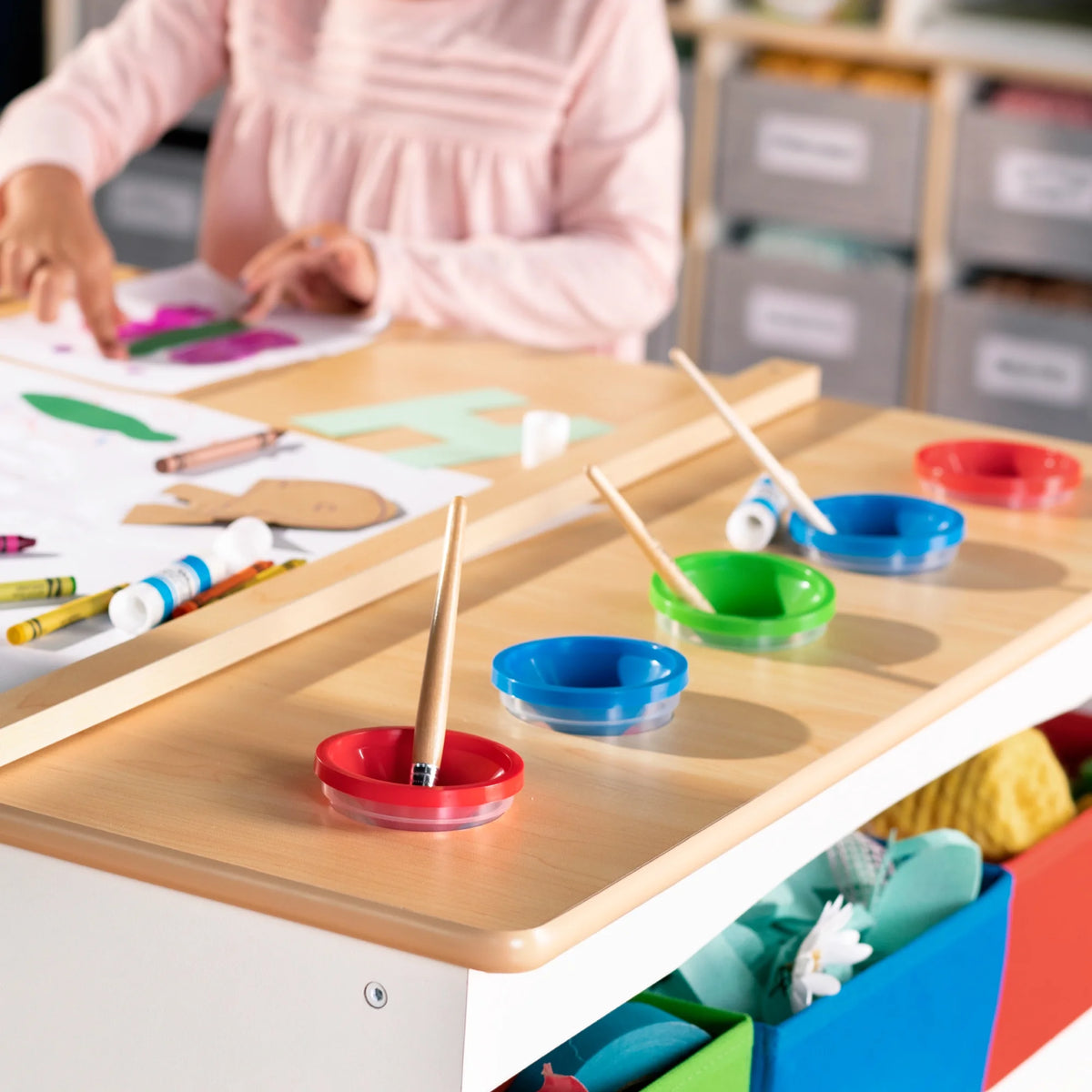 Kids Activity Table and Drawing Desk with Stools, Storage Canvas Bins, Paper Roller, and Paint Cups N8979