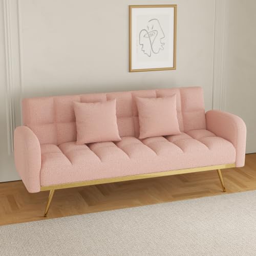 Green Convertible Futon Sofa with 2 Cupholders Adjustable Backrest O4698