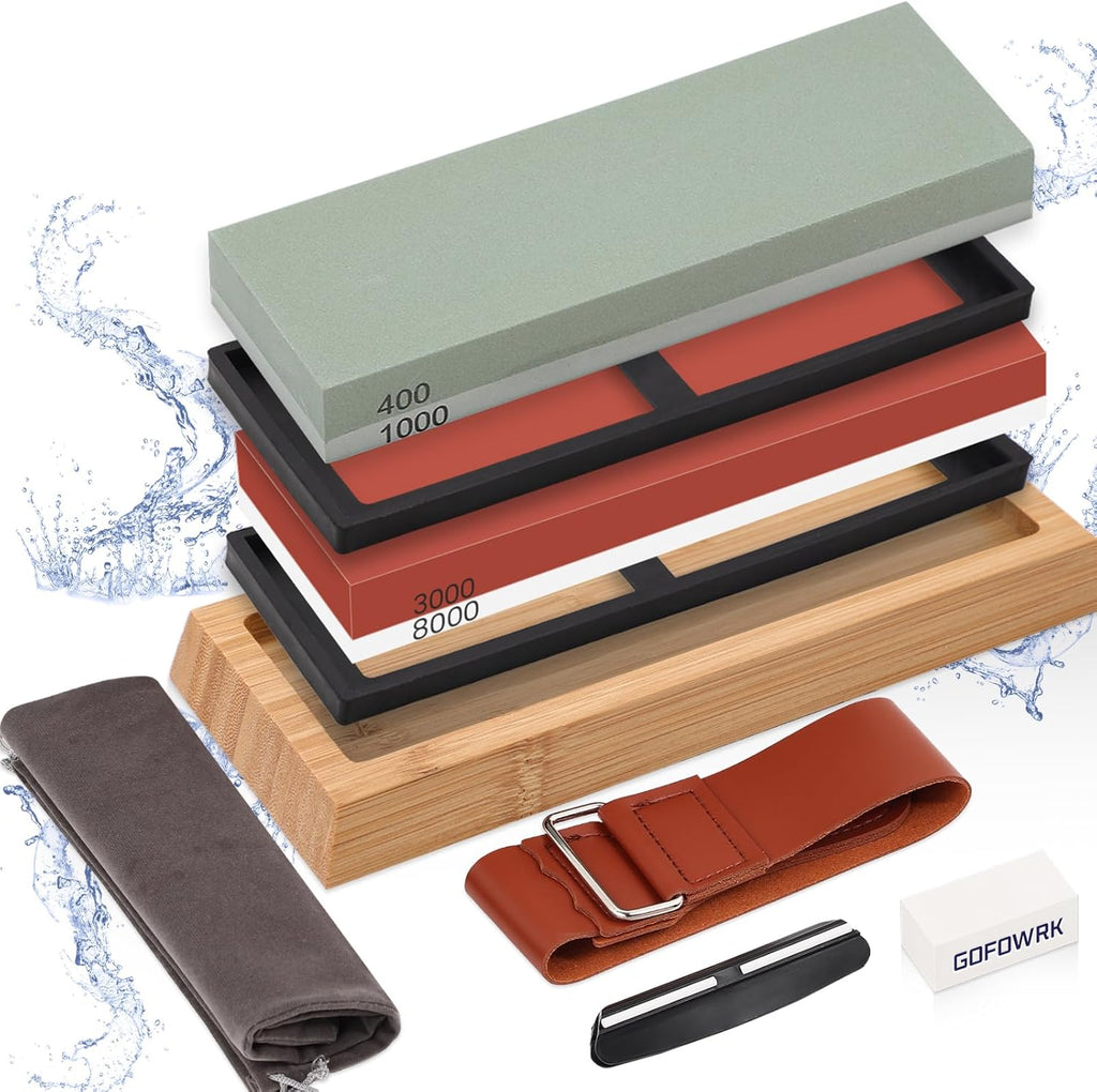 4 Side Grit 400/1000 3000/8000 Whetstone Sharpening Stone Set with Leather Strop G149093