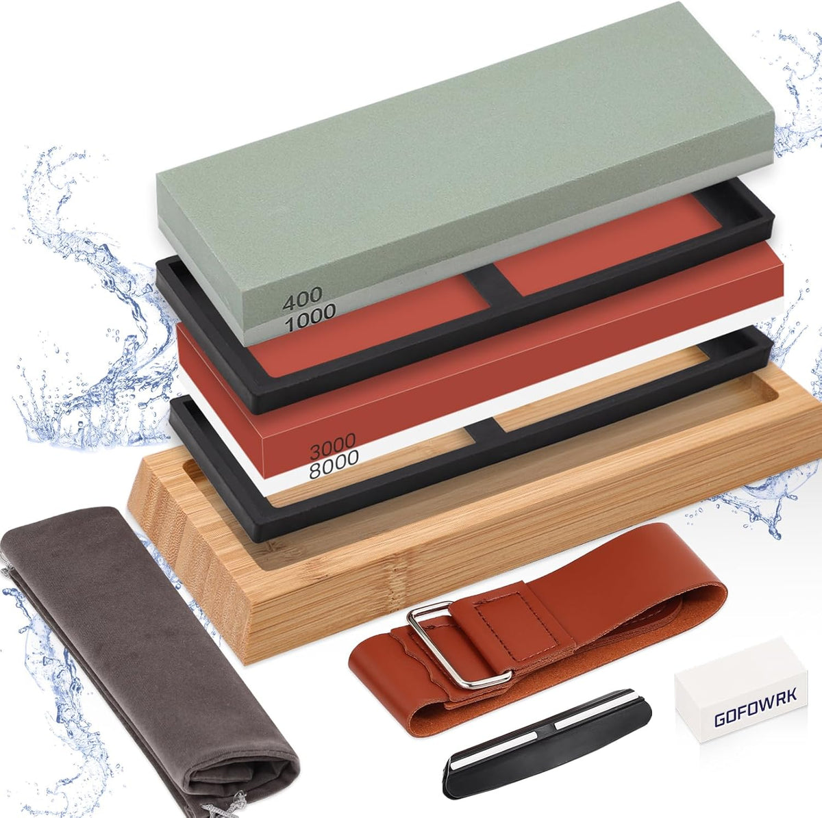 4 Side Grit 400/1000 3000/8000 Whetstone Sharpening Stone Set with Leather Strop G149093