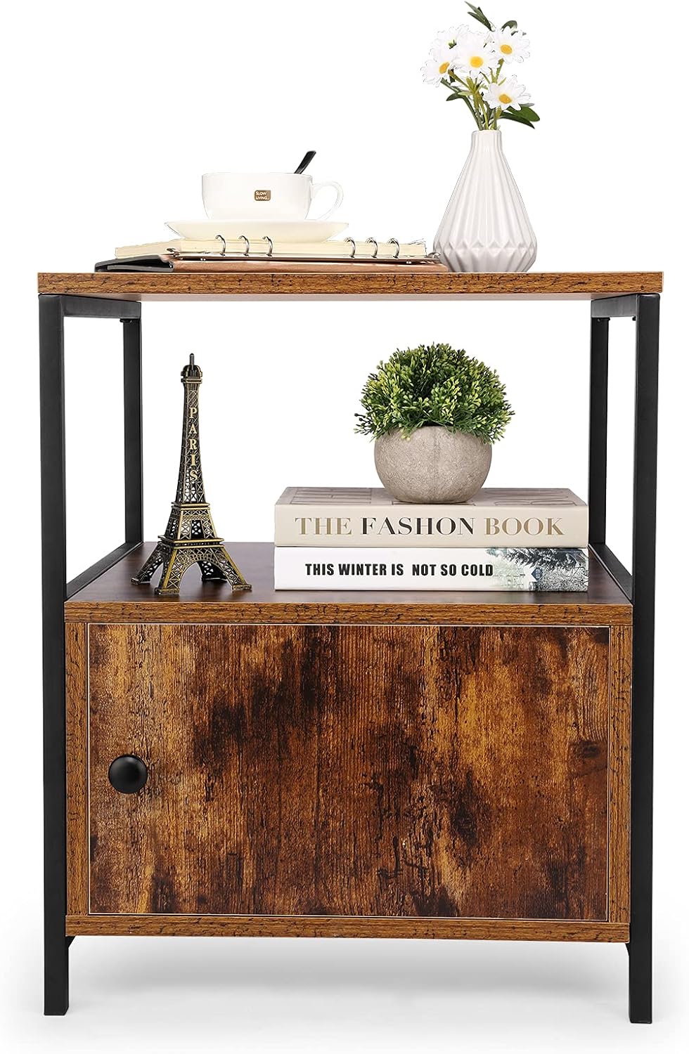 White 3-Tier Wooden Nightstand with Storage Cabinet and Open Shelf D249305