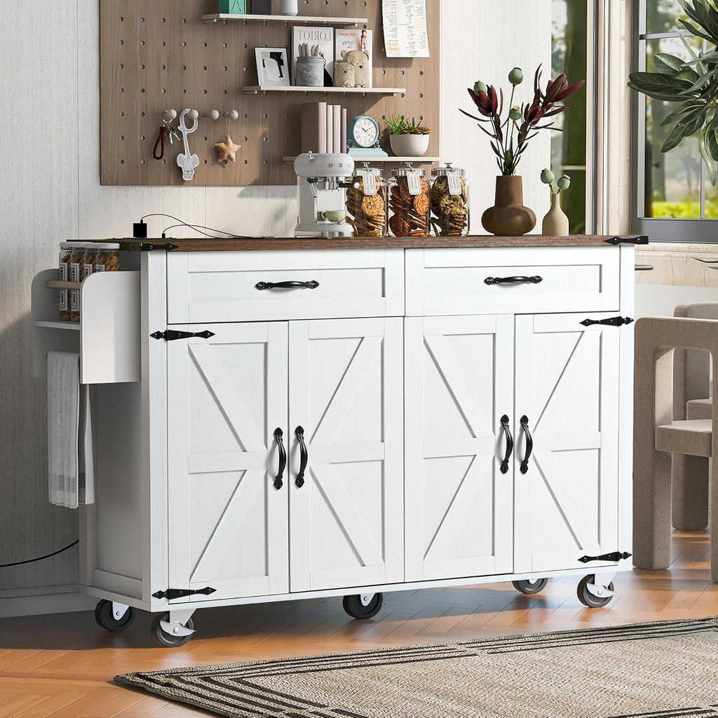 White Kitchen Island with Power Outlet and Drop Leaf X636