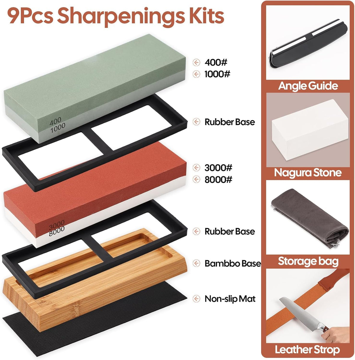 4 Side Grit 400/1000 3000/8000 Whetstone Sharpening Stone Set with Leather Strop G149093