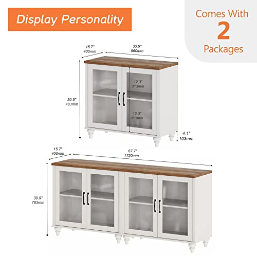 Off White Wood TV Stand with Yellow LED Light and Glass Door T406