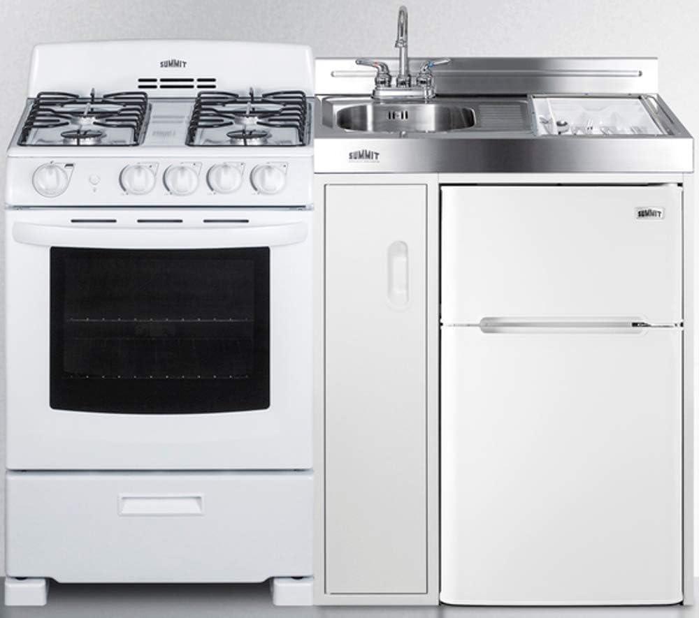 54" Wide All-in-One Kitchenette with 4-Burner Gas Range, Refrigerator-Freezer, Sink, Cutting Board and Storage Cabinet W88799