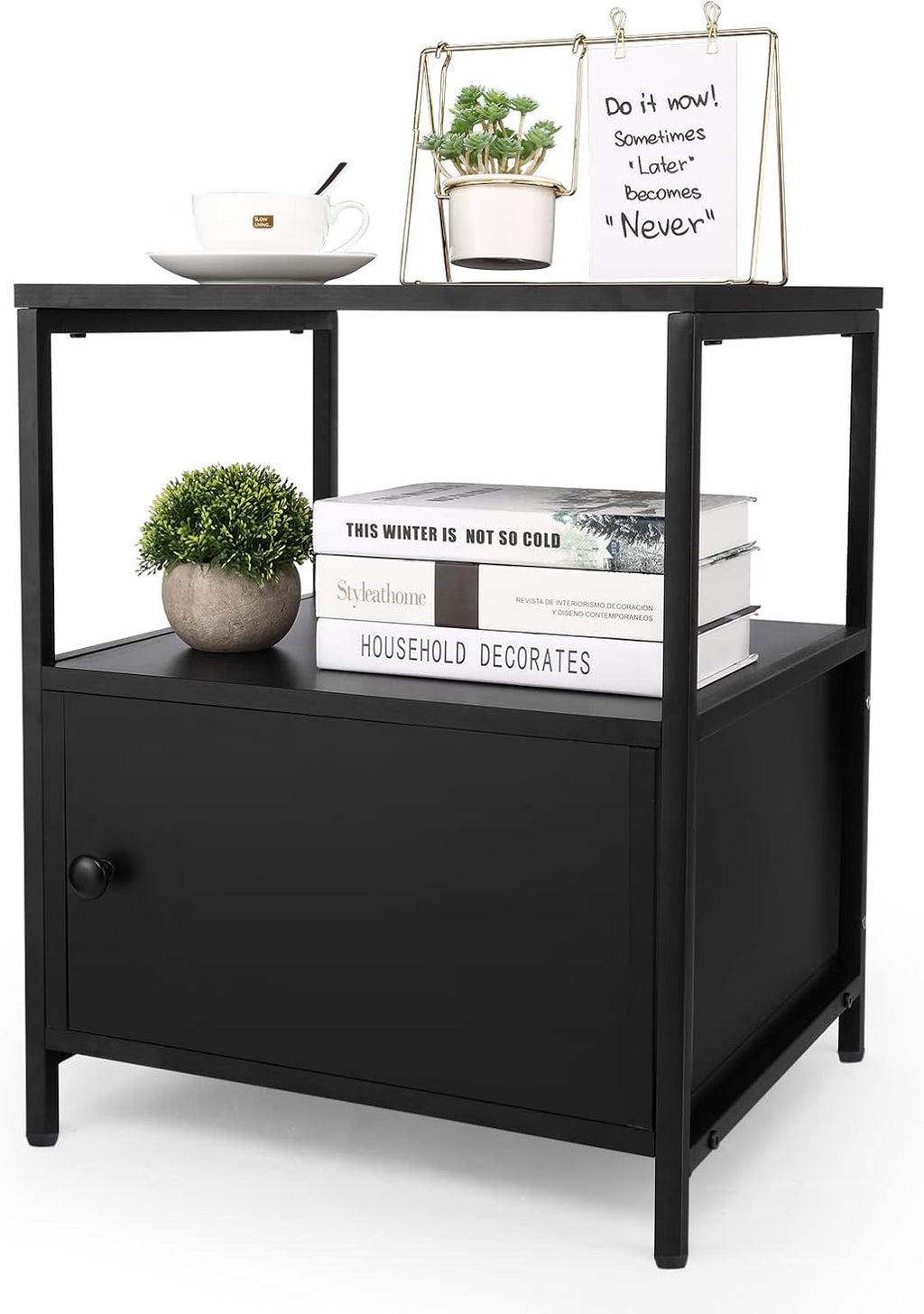 White 3-Tier Wooden Nightstand with Storage Cabinet and Open Shelf D249305