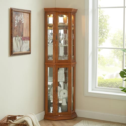 OAK Corner Curio Cabinet with Tempered Glass Door C9546