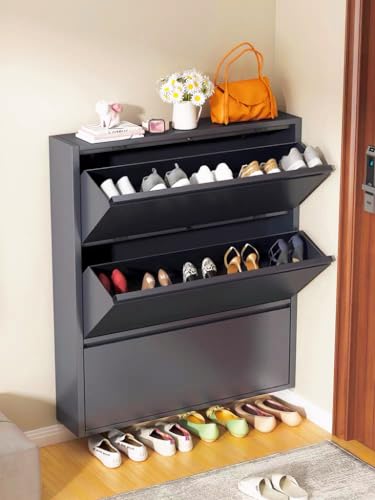 Black Grey Shoe Cabinet with 3 Flip Drawers Y2226