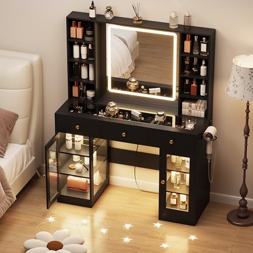 White Glass Top Vanity Desk with Mirror and Lights and 3 Drawers K745840