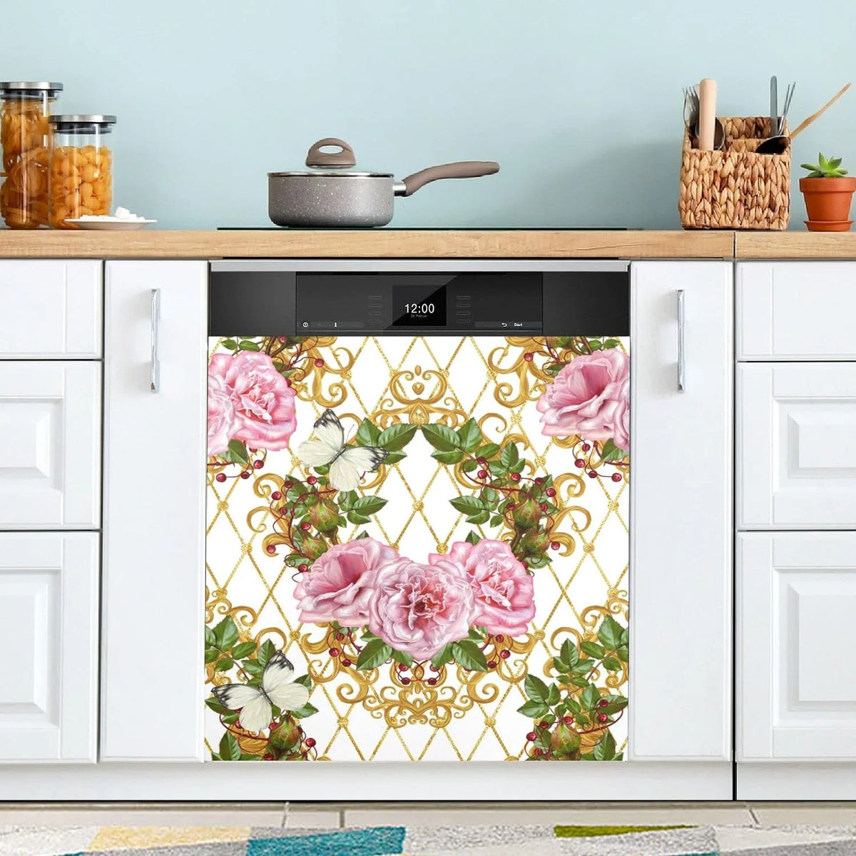 Vintage Gold Pink Rose Leaves Dishwasher Magnet Cover D362885