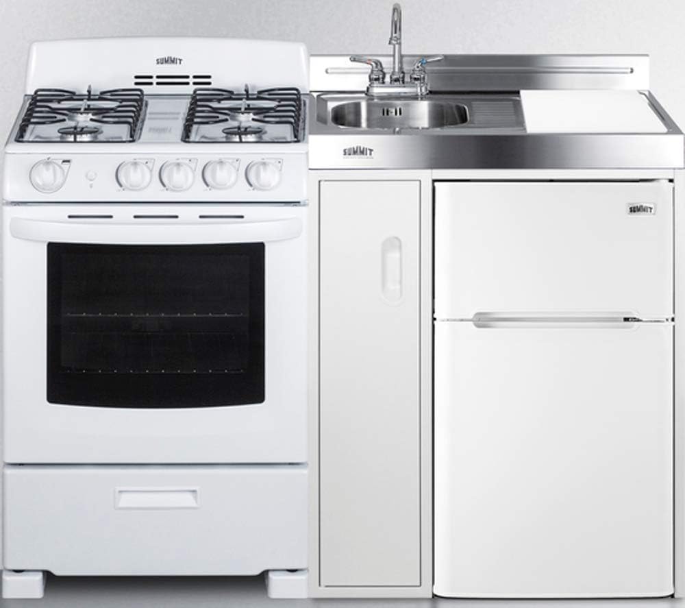 54" Wide All-in-One Kitchenette with 4-Burner Gas Range, Refrigerator-Freezer, Sink, Cutting Board and Storage Cabinet W88799