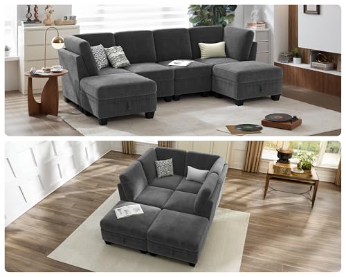 Dark Grey Corduroy Modular Sectional Sleeper Sofa with Ottoman M12297