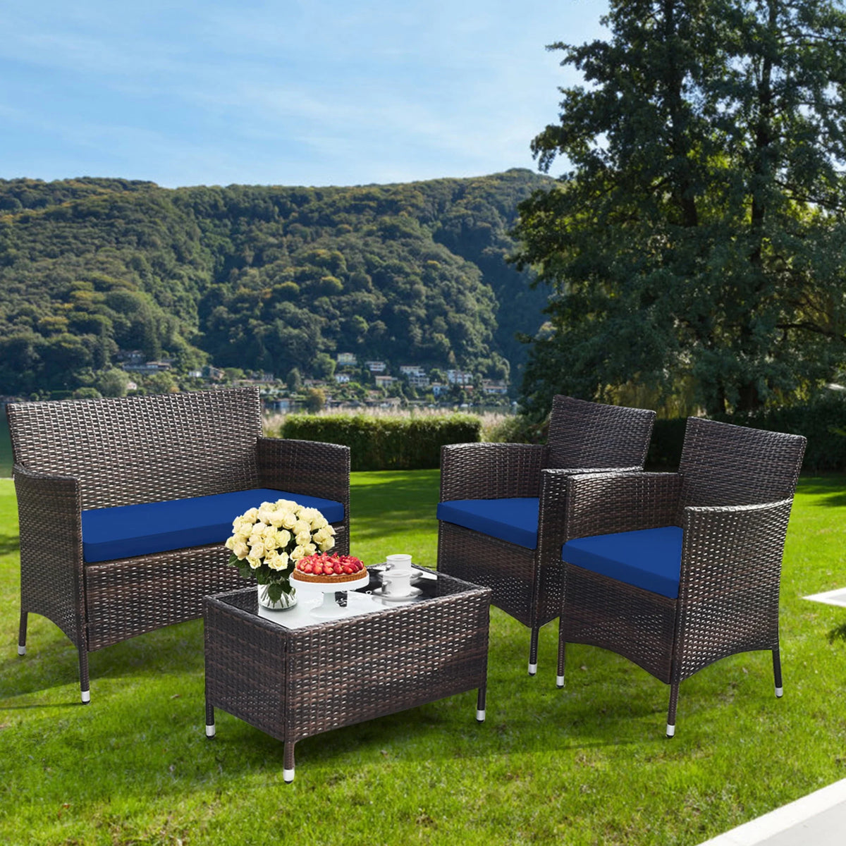 4 Pc Turquoise Cushioned Patio Rattan Conversation Furniture Set M672