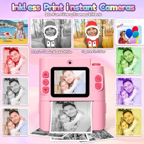 Instant Print Dual Lens Digital Camera with 32G SD Card Storage Bag Pink B5537