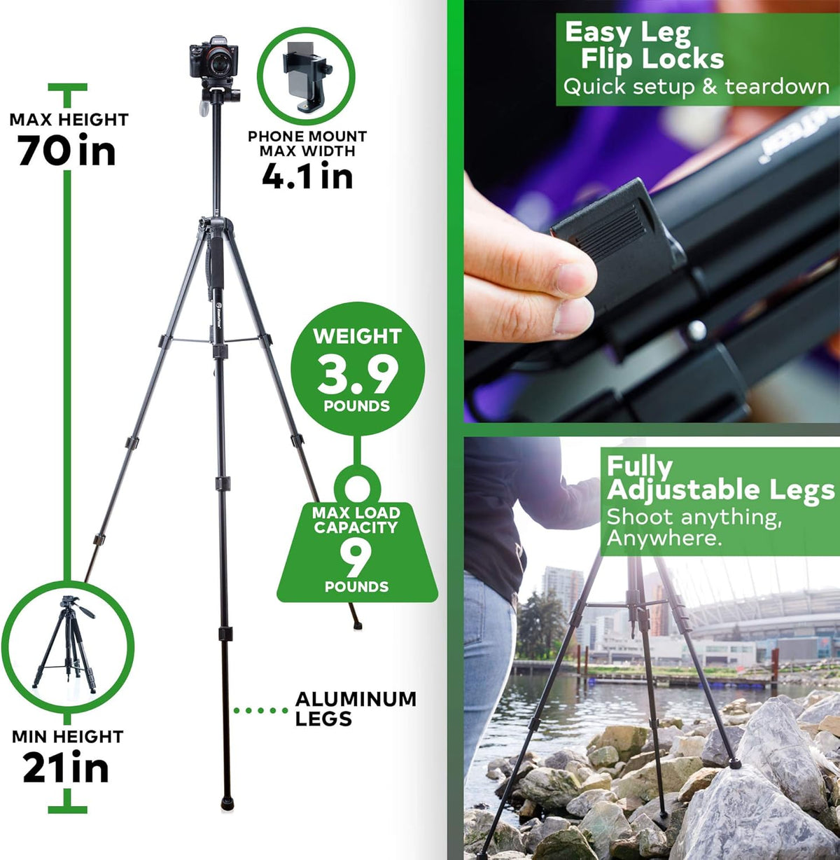 70 Tripod with Bluetooth Remote Shutter, Monopod Pack of 2 K85849