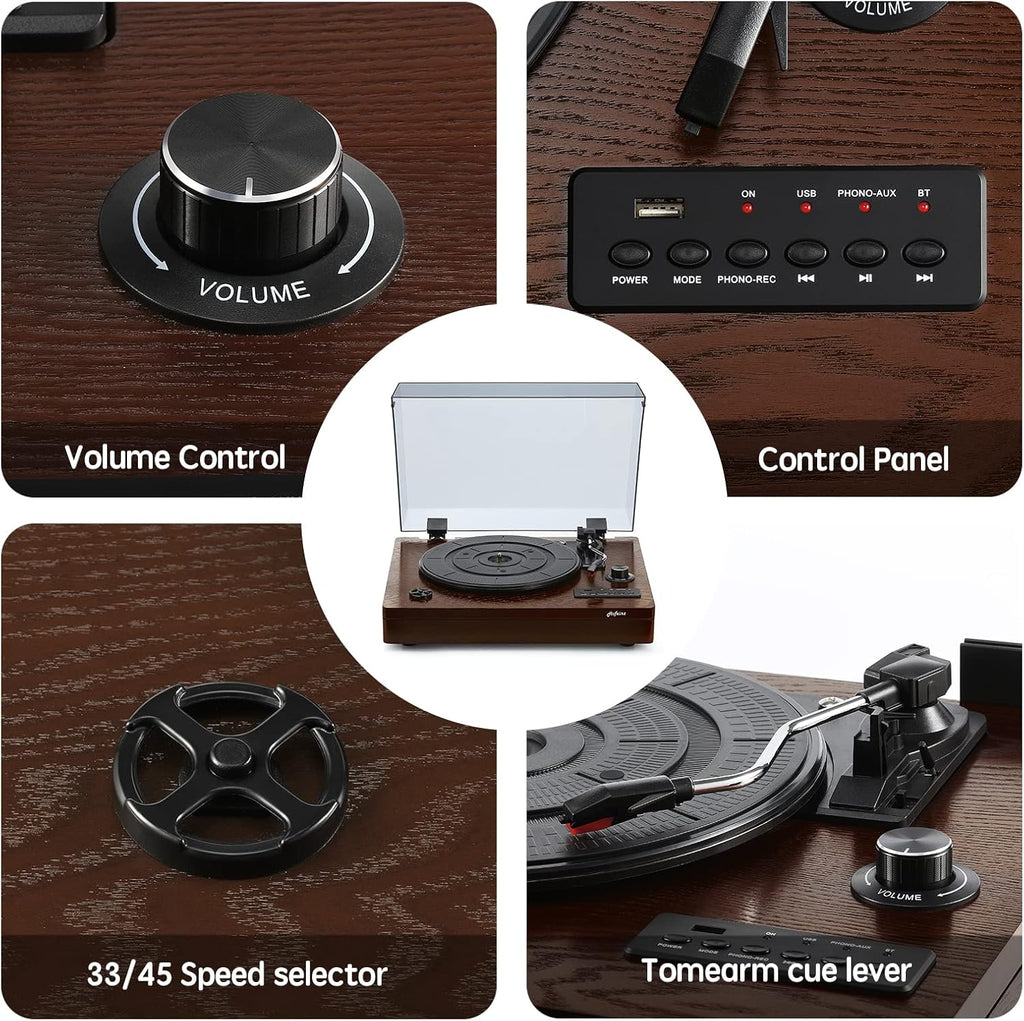 Wooden Vinyl Record Player with Built-in Speakers, Bluetooth Input, 3-Speed D1493