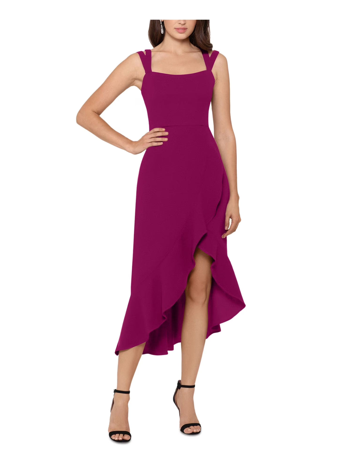 Purple Stretch Ruffled Zippered Sleeveless Square Neck Short Hi-Lo Dress N2819