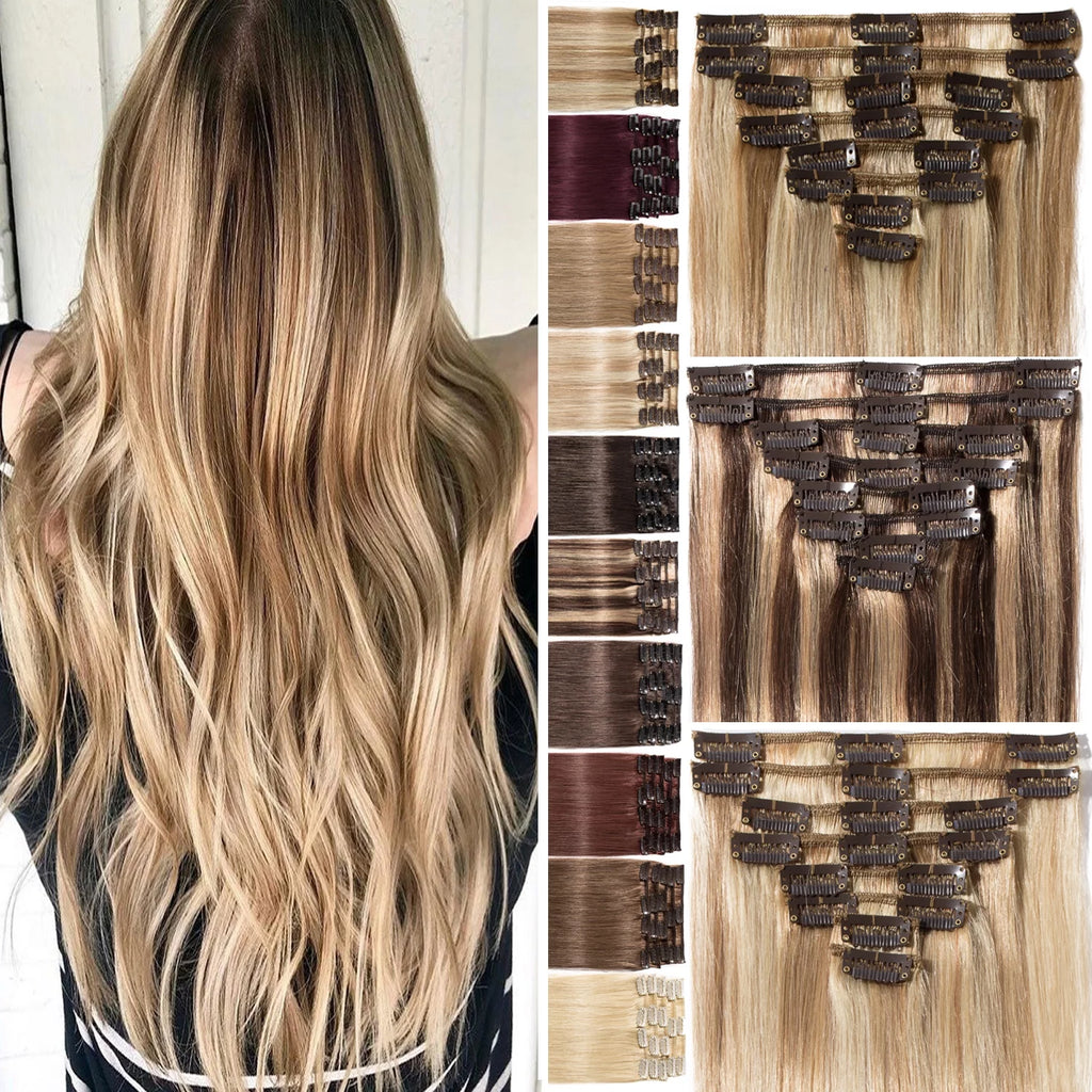 Human Hair Extensions Clip In Natural Blonde Straight H4075