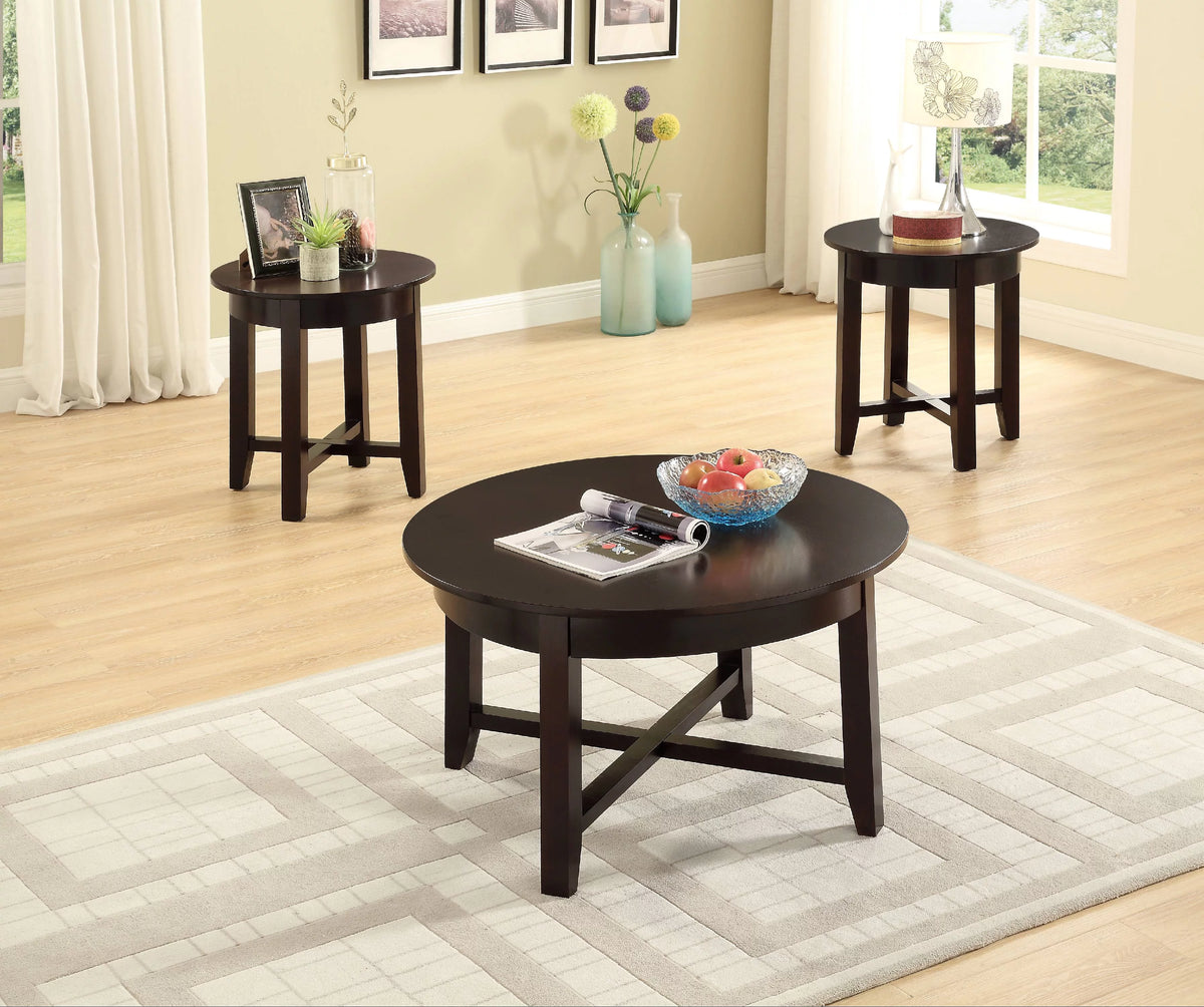 3Pc Round Dark Brown Coffee & End Table Set S745