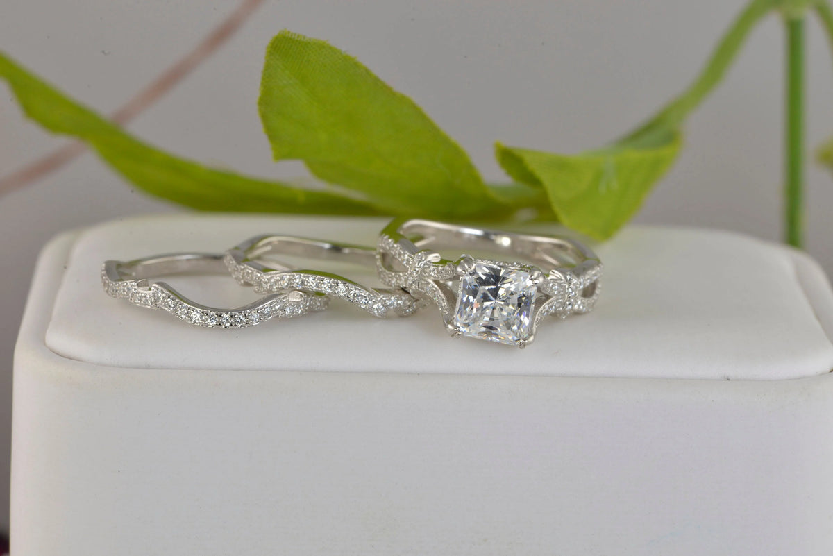 3pcs Princess Cut Diamond Simulated 925 Sterling Silver Bridal Set X47526