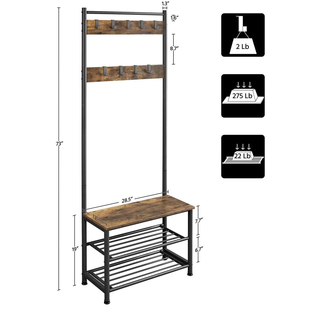 Rustic Brown Wooden Entryway Coat Rack with Shoe Storage Bench V918