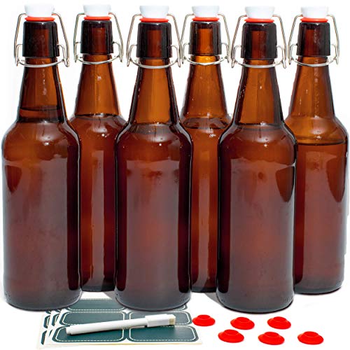 Swing Top Glass Bottles Set of 6, 16oz Clear with Caps C123