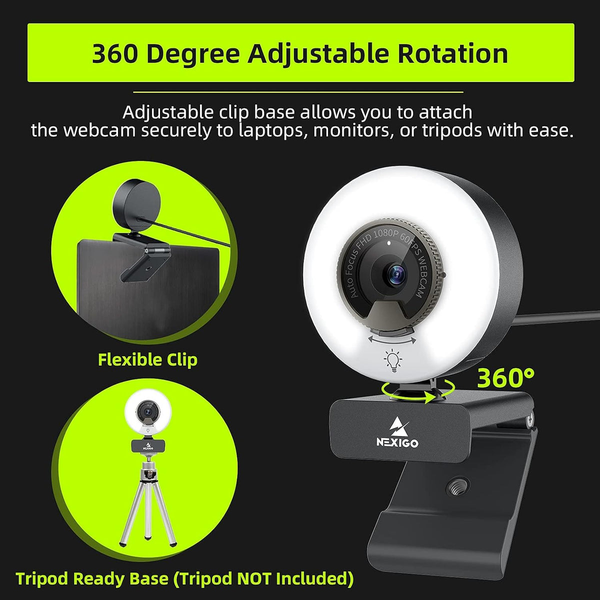1080P 60FPS Webcam with Light, AutoFocus, Privacy Cover, Dual Stereo Microphone V3331