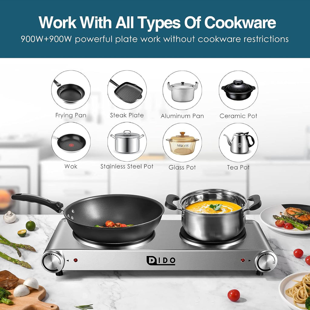 1800W Portable Electric Double Burner Hot Plate with Stainless Steel Cooktop X56682