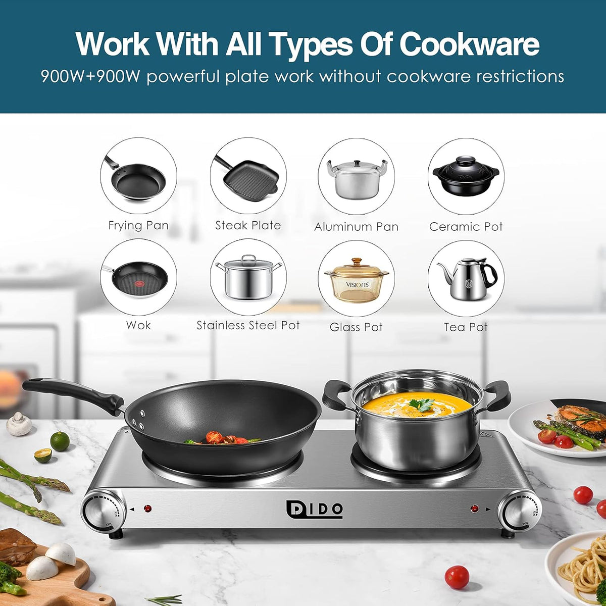 1800W Portable Electric Double Burner Hot Plate with Stainless Steel Cooktop X56682