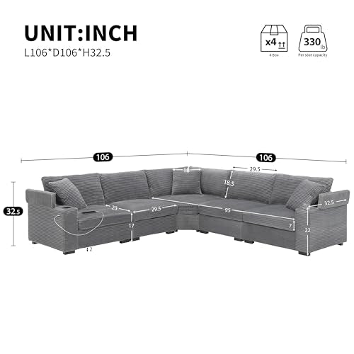 Beige Corduroy Sectional Corner Sofa with Cup Holders Q475308